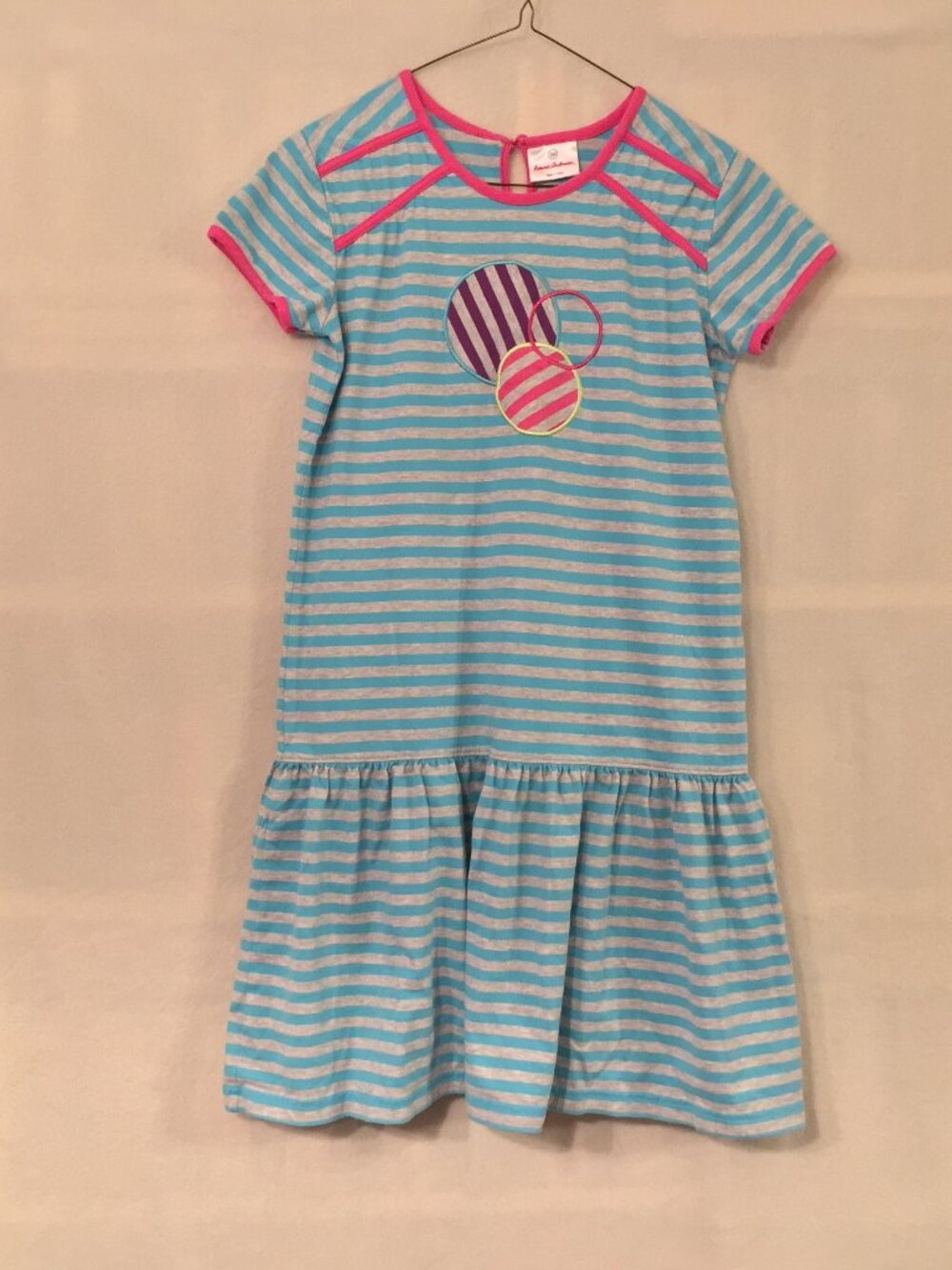 Hanna Andersson 150 12 US blue grey striped circles appliqué short sleeve dress